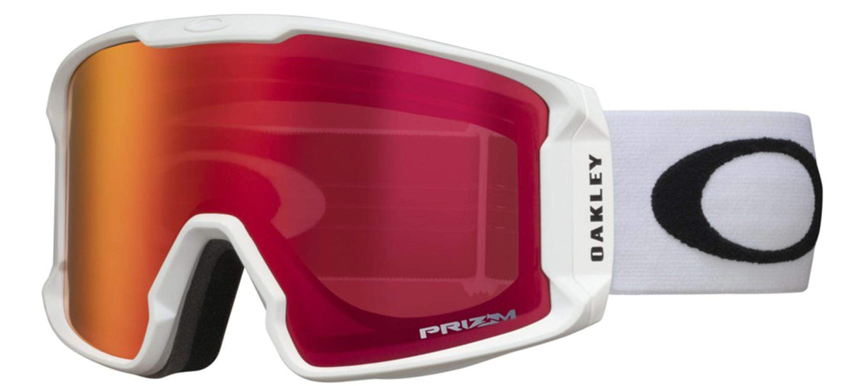 Oakley Line Miner snow goggles with white frame and red Prizm lens, O logo strap
