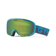 Giro ski goggles with blue frame, green-tinted lens, and padded strap