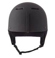 Matte black low-profile snow helmet with vent slots and chin strap; top view.