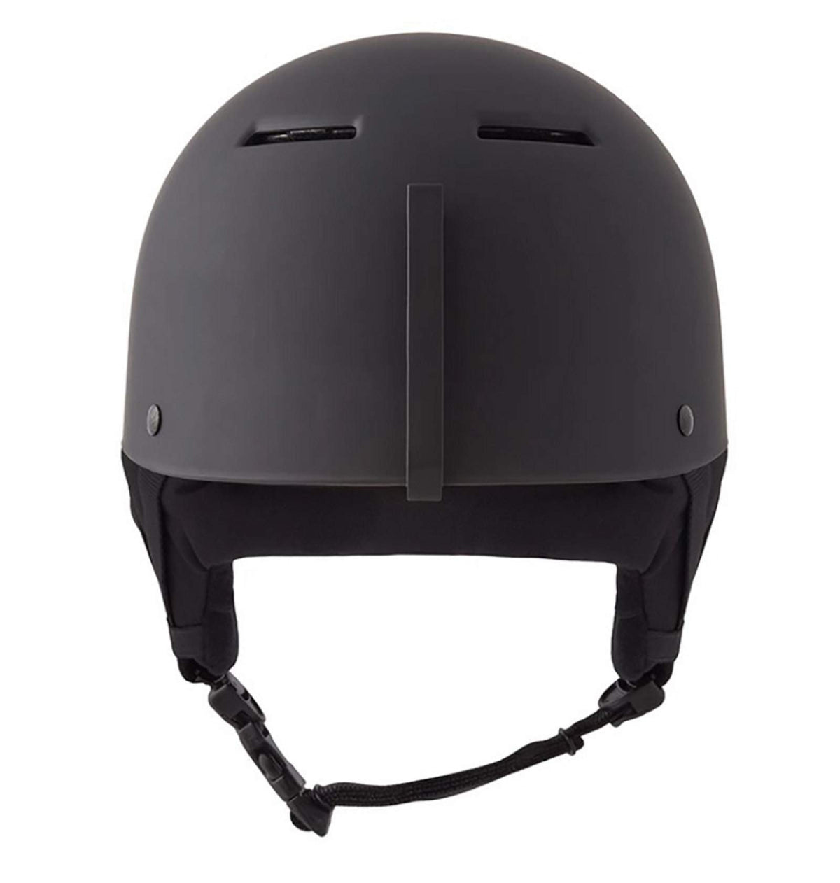 Matte black low-profile snow helmet with vent slots and chin strap; top view.