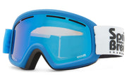 VonZipper snow goggles with blue frame and mirrored blue lens, white strap with logo