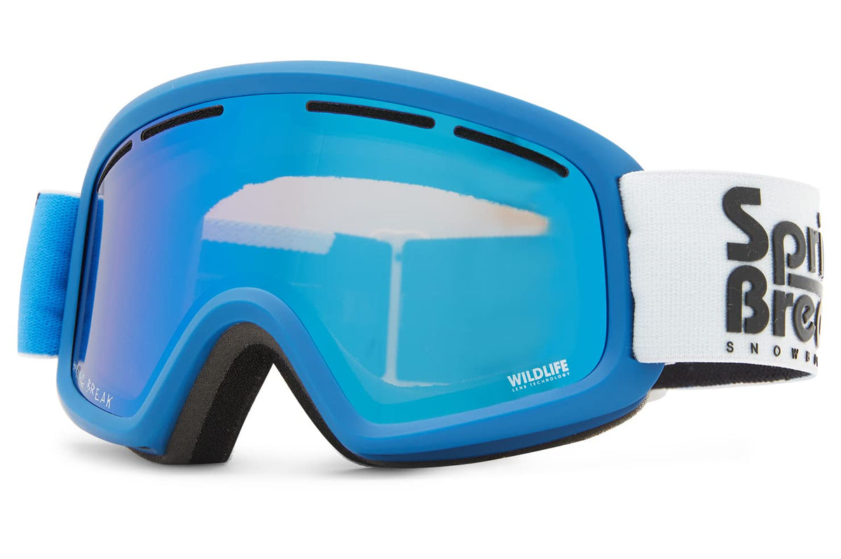 VonZipper snow goggles with blue frame and mirrored blue lens, white strap with logo