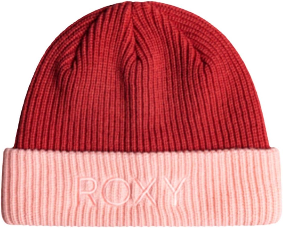 Roxy Freja women's beanie, dark red knit with pink ribbed cuff and ROXY logo