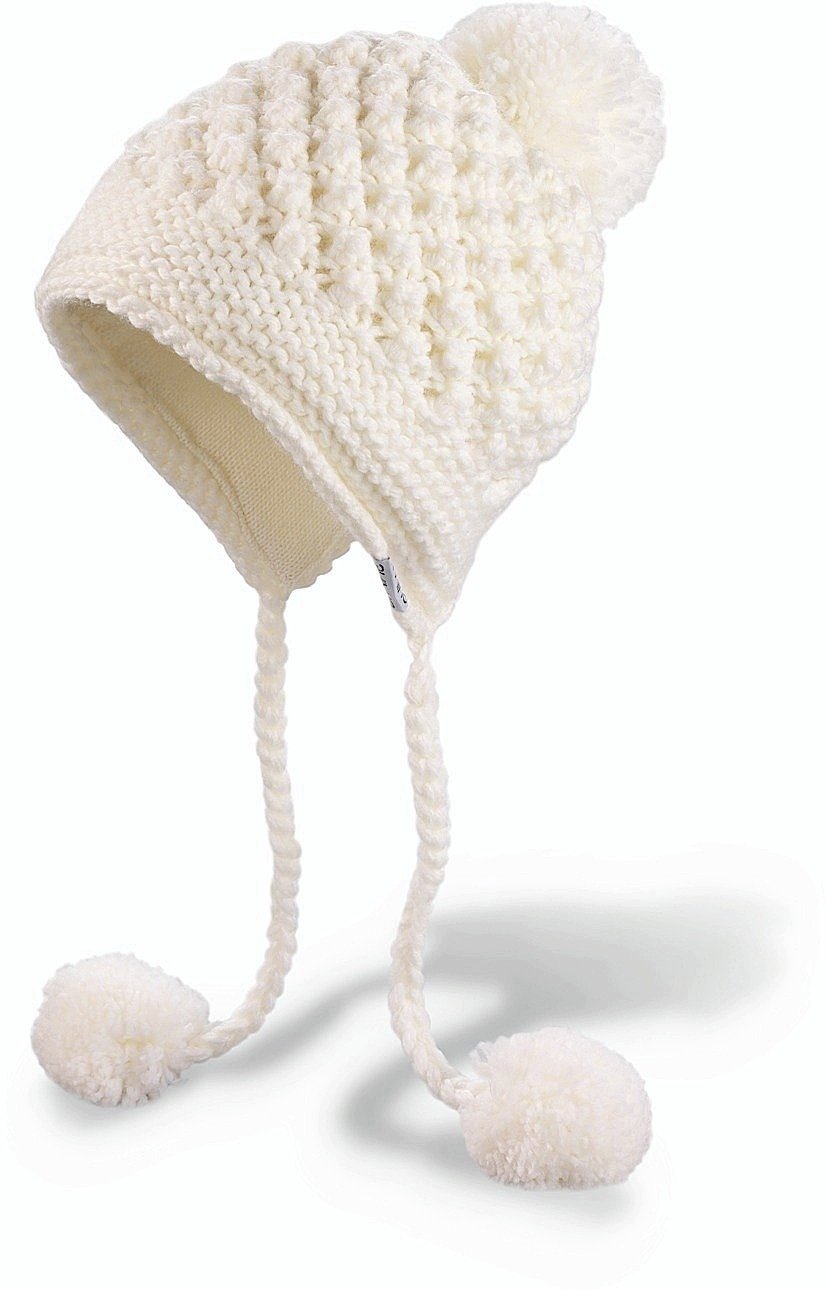 Ivory knit beanie with pom-poms and earflaps