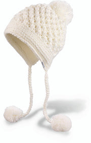 Ivory knit beanie with pom-poms and earflaps