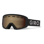 Kids snow goggles with black frame, amber mirrored lens, white GIRO strap text