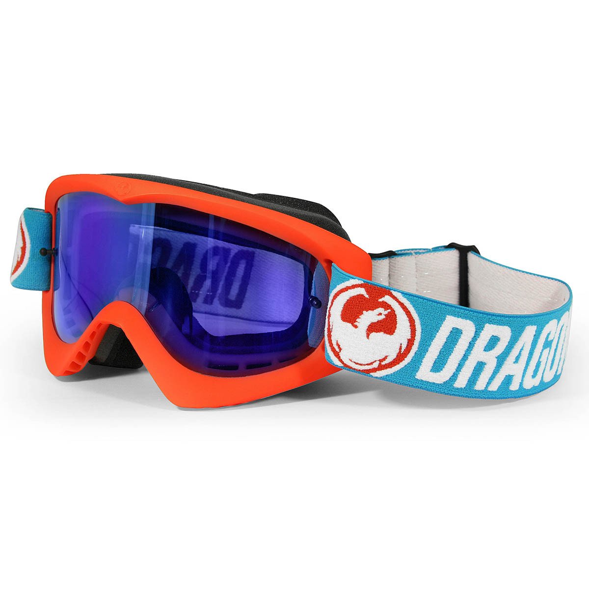 Orange motorcycle goggles with blue tinted lens and white DRAGON logo strap