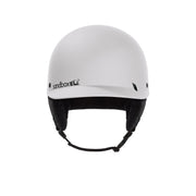 Matte white ski helmet with black ear pads and padded chin strap