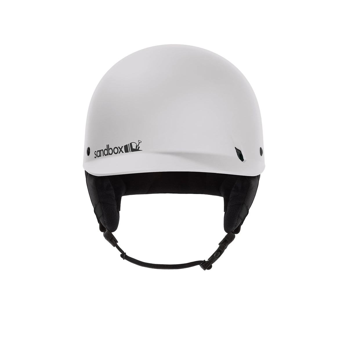 Matte white ski helmet with black ear pads and padded chin strap