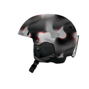 Black snow helmet with multicolor splatter graphic and black chin strap