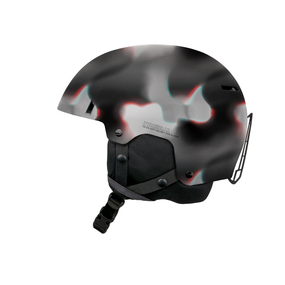 Black snow helmet with multicolor splatter graphic and black chin strap