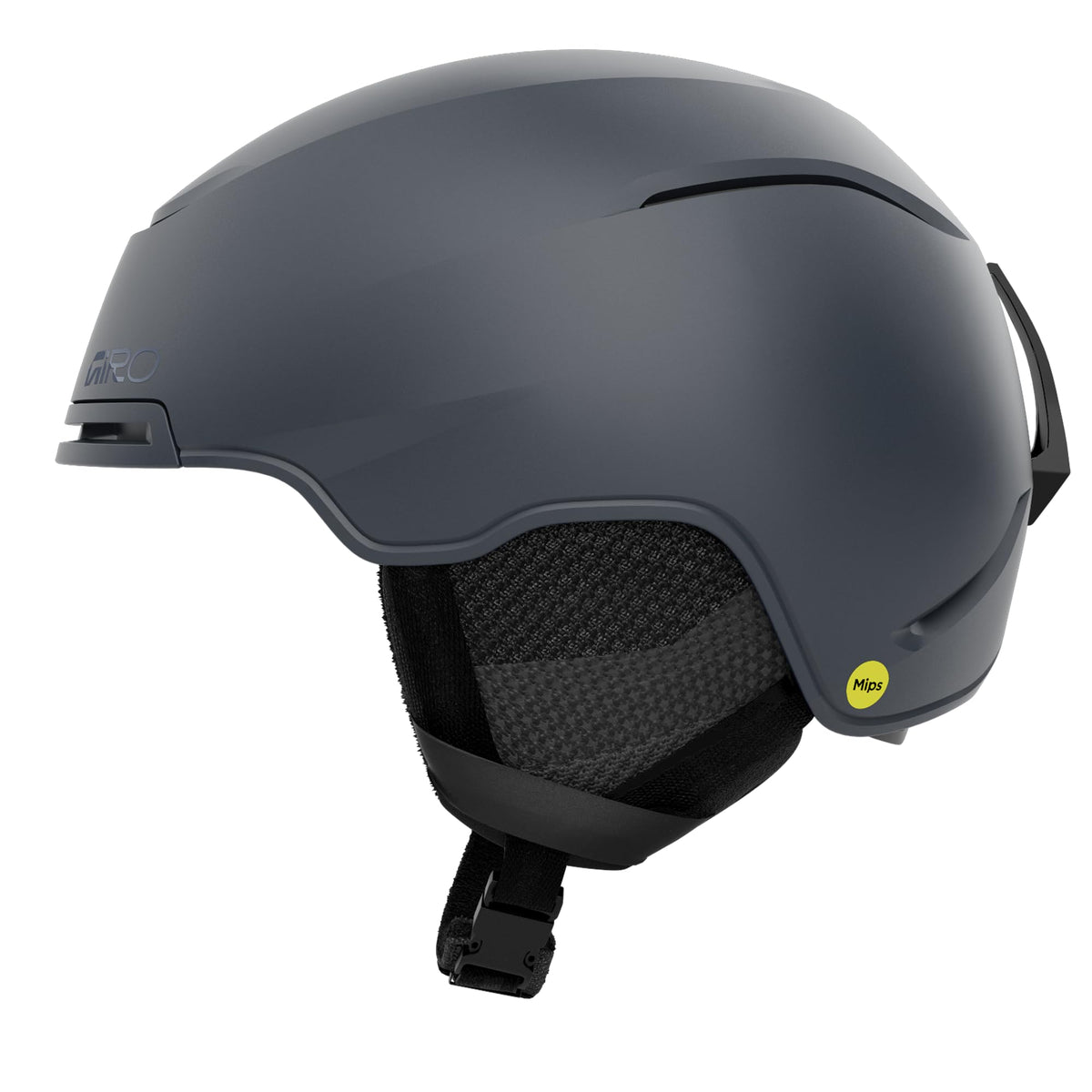 Giro Terra snow helmet in dark matte gray with black chin strap and Mips label