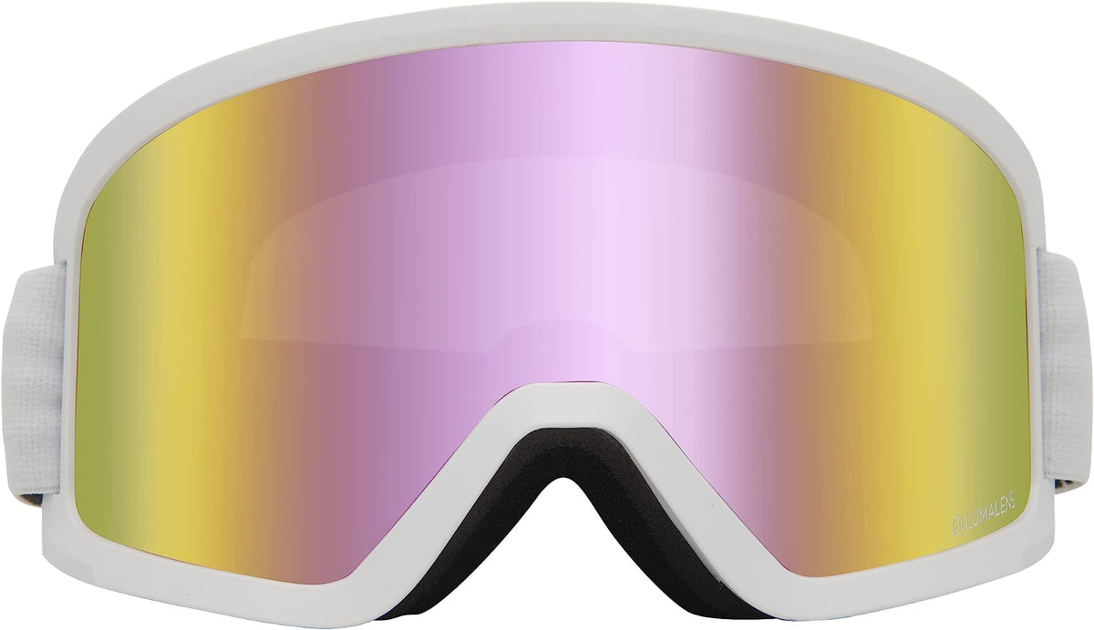 Snow goggles with white frame and mirrored pink lens, wide front vented strap