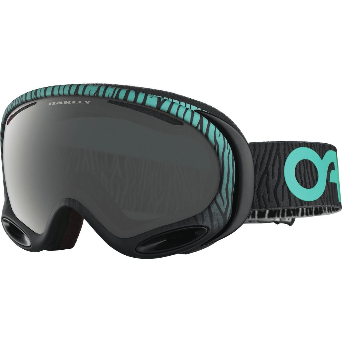 Oakley A-Frame 2.0 ski goggles with black frame, dark lens, teal patterned strap