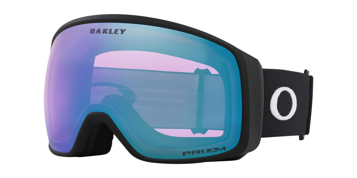 Oakley snow goggles with teal-purple Prizm lens, black textured frame and strap.