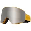 Snow goggles with gray lens and yellow frame, black foam edge