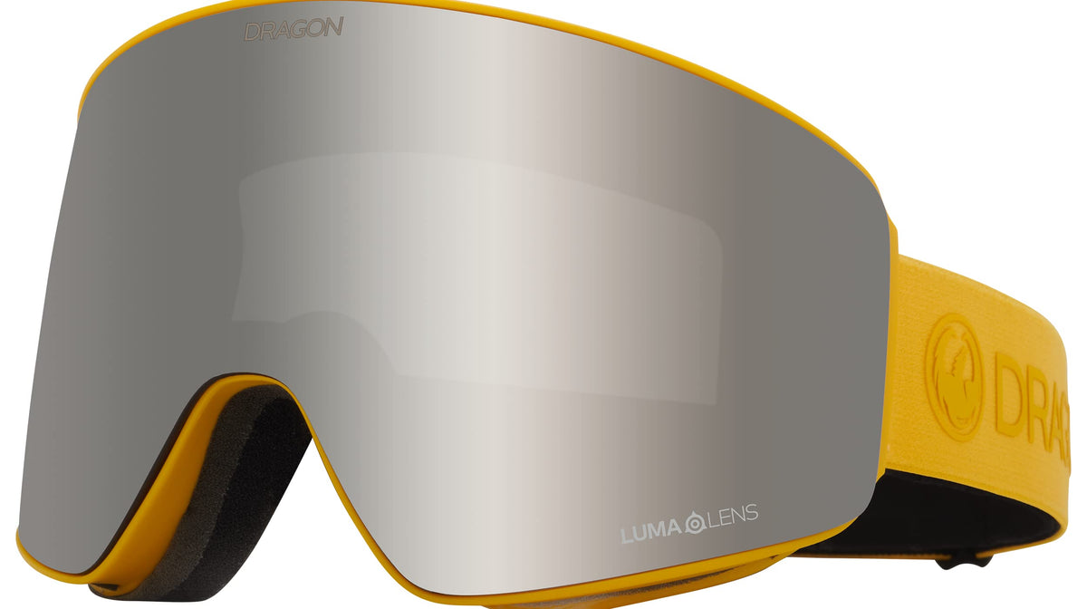 Snow goggles with gray mirrored lens and yellow frame, Dragon logo on strap