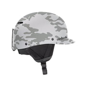 Gray camouflage snow helmet with chin strap and vented front shell