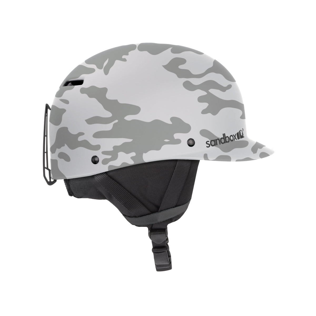 Gray camouflage snow helmet with chin strap and vented front shell