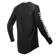 Black long-sleeve motocross jersey, back view with large sleeve branding