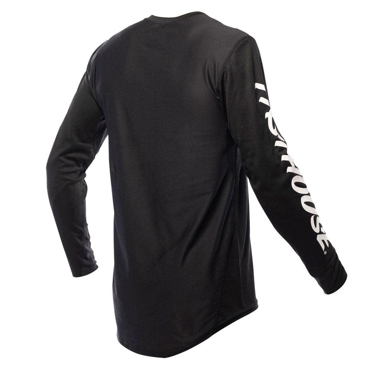 Black long-sleeve motocross jersey, back view with large sleeve branding