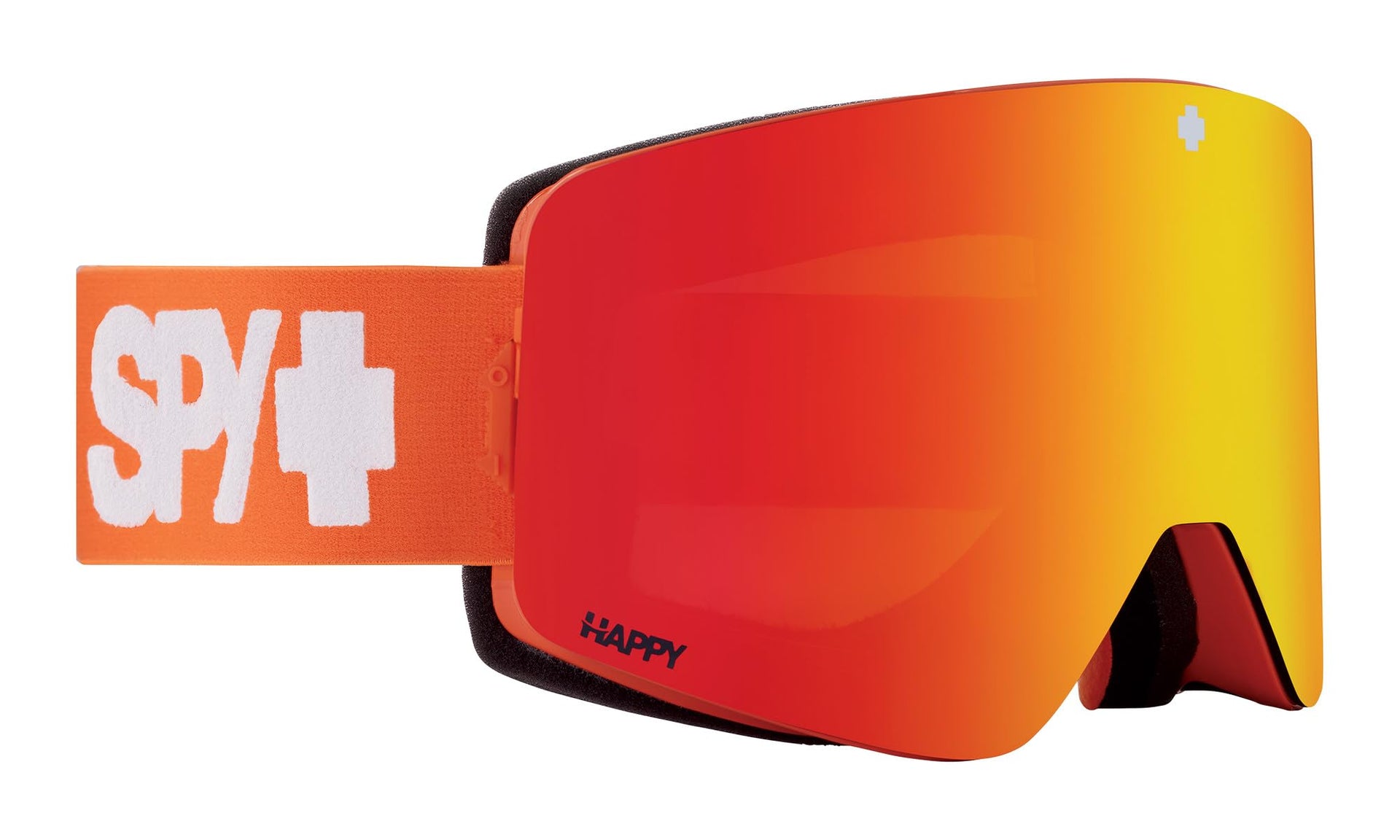 Bolle snow goggles with orange SPY+ strap and red Happy mirrored lens