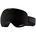 Dragon Alliance sport snow goggles, black frame and dark lens, side angle view
