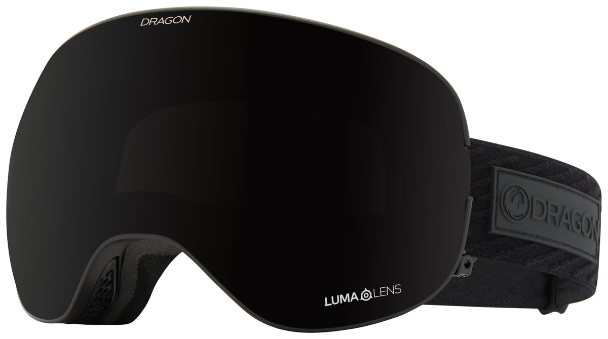 Dragon Alliance sport snow goggles with dark smoke lens and black frame, vented strap
