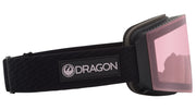Snow goggles with pink/mauve mirrored lens and black strap, side angle view