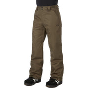 Ski pants, olive color, full view with elastic cuff and front pockets; worn with boots
