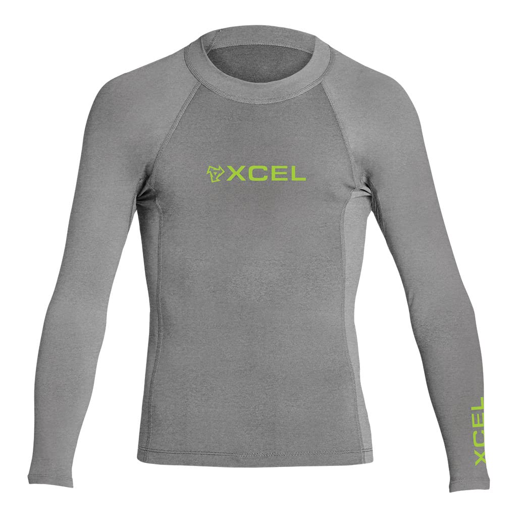 XCEL heather grey long-sleeve rashguard with crew neck and chest logo