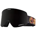 Snow goggles with dark smoke lens and black frame with orange flame graphic