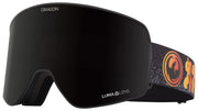 Snow goggles with dark smoke lens and black frame with orange flame emblem