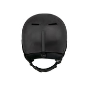 Matte black snow helmet top view with center strap and vent openings