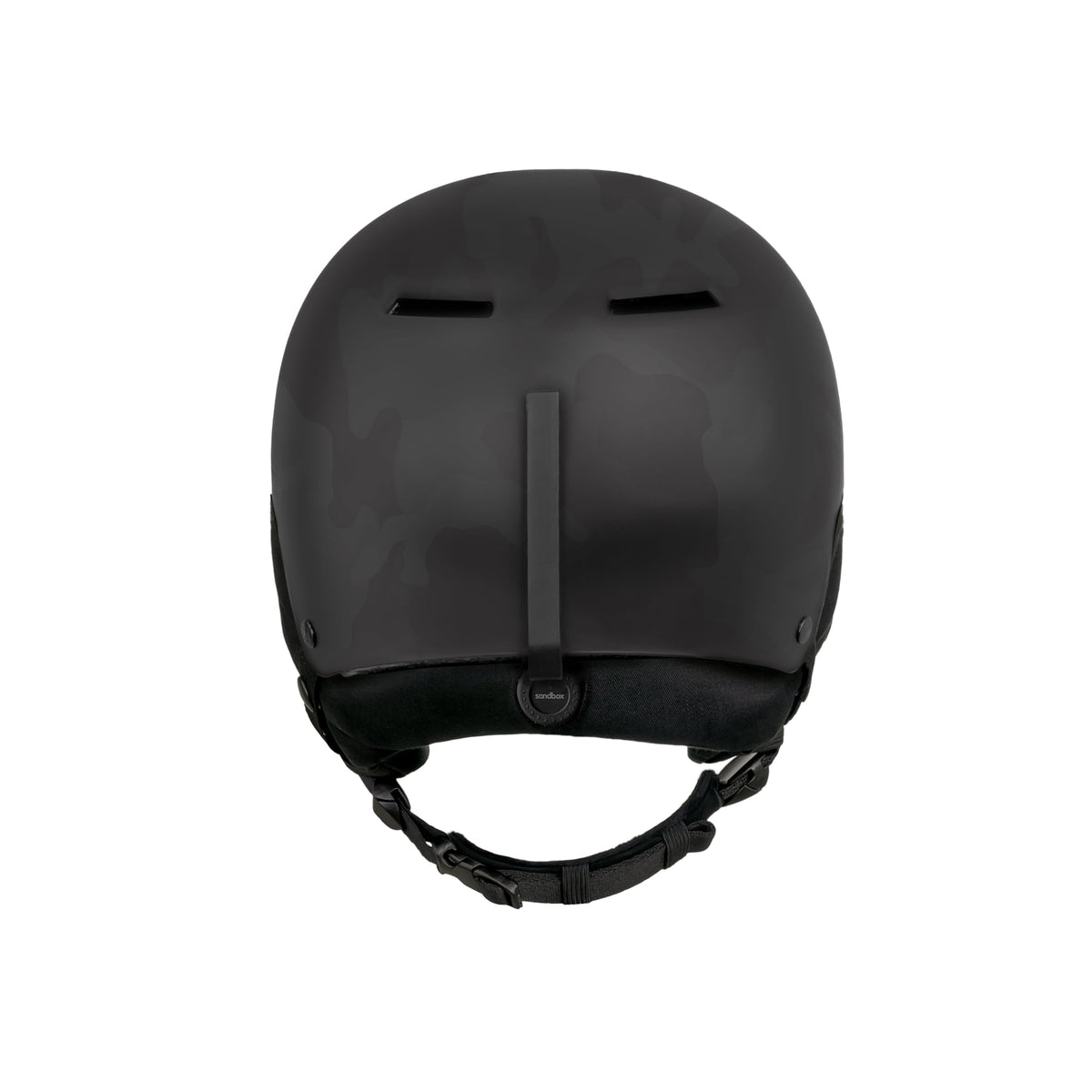 Matte black snow helmet top view with center strap and vent openings