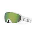 White snow goggles with green lens and small Giro wordmark on strap