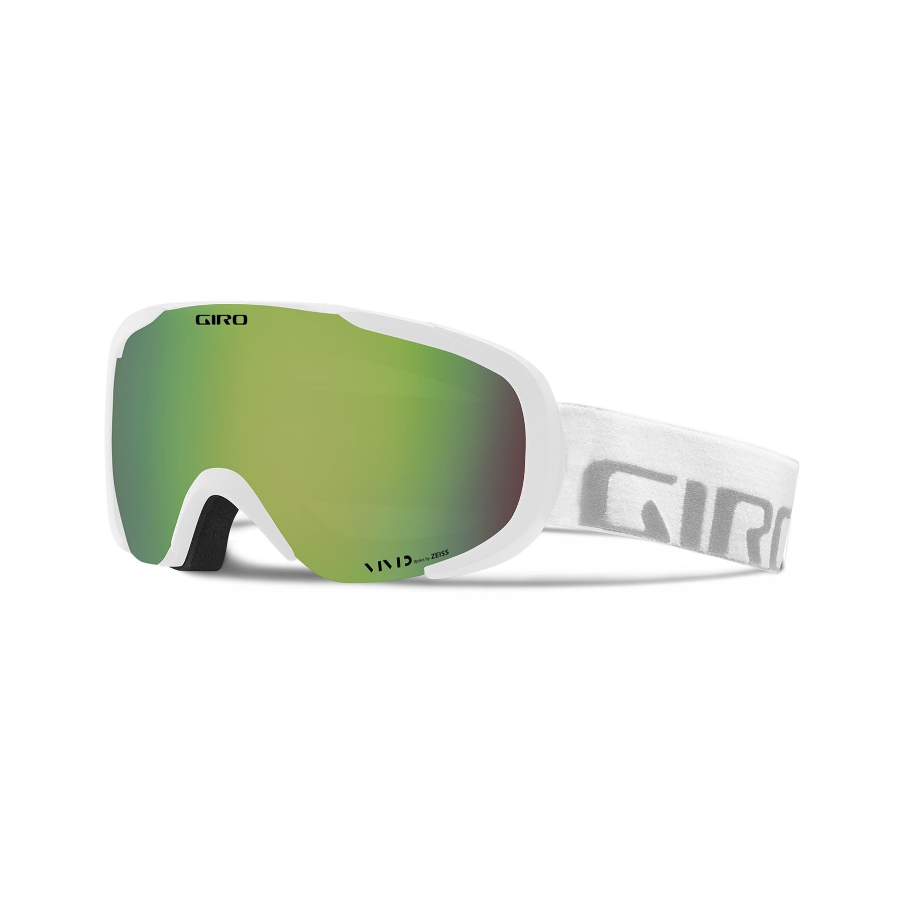 White snow goggles with green mirror lens and Giro wordmark on strap