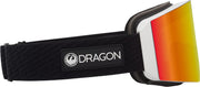 Snow goggles with orange-to-red mirrored lens and wide black strap, DRAGON logo