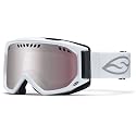 White snow goggles with tinted lens, side venting, and logo strap in profile