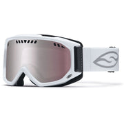 White snowmobile sport goggles with vented frame and tinted lens, adjustable strap