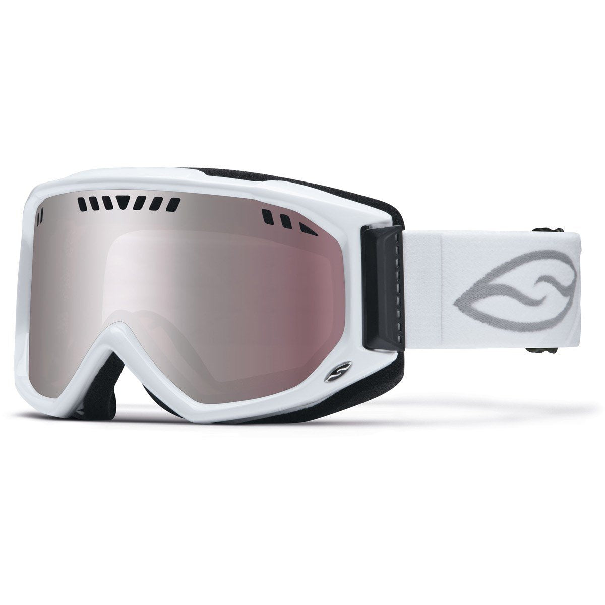 White snowmobile sport goggles with vented frame and tinted lens, adjustable strap