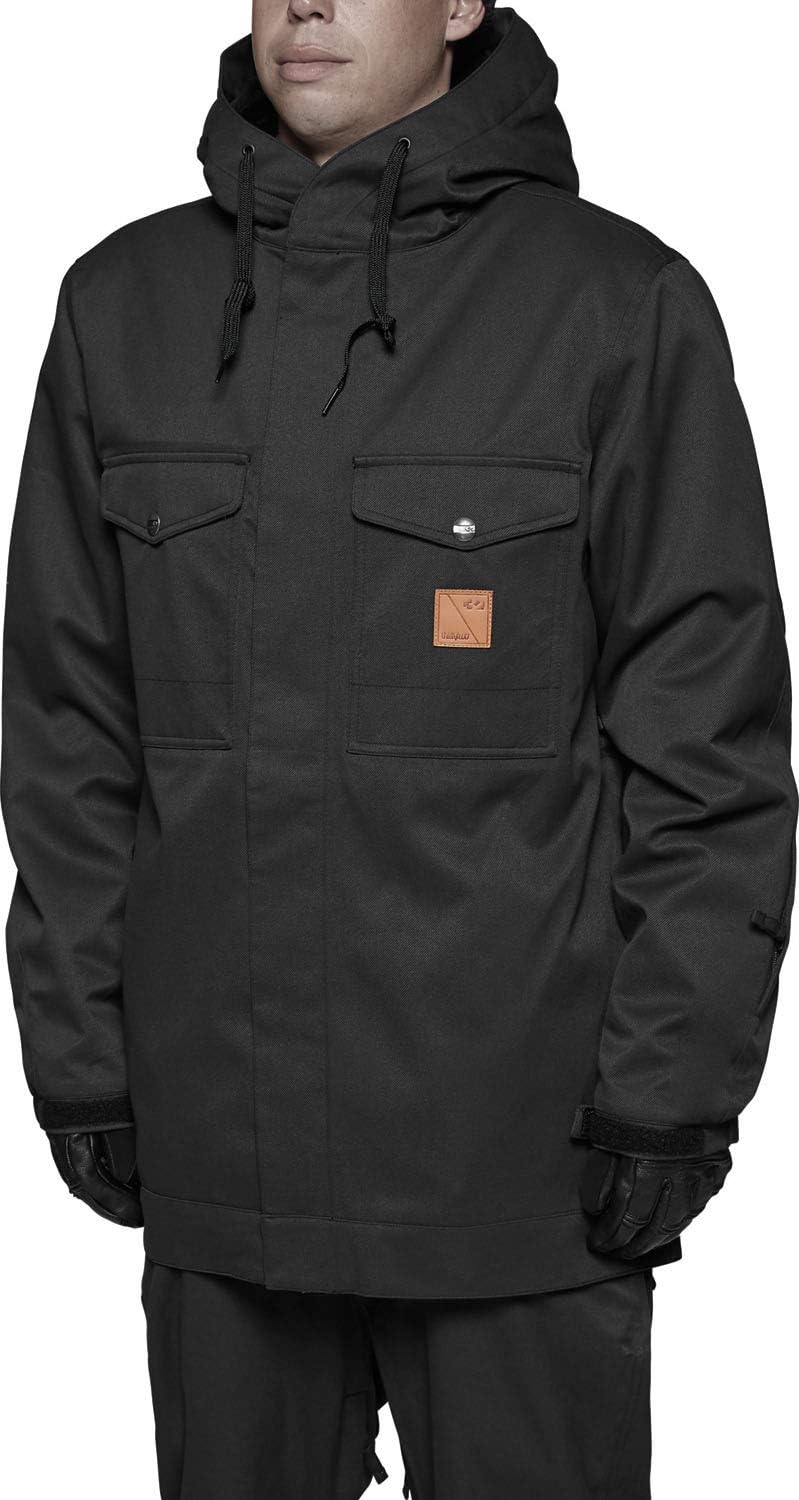 Men's black hooded snow jacket with drawstring, front pocket and flap chest pockets.
