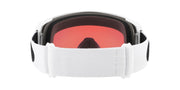 Oakley snow goggles with white strap and visible red/orange inner lens