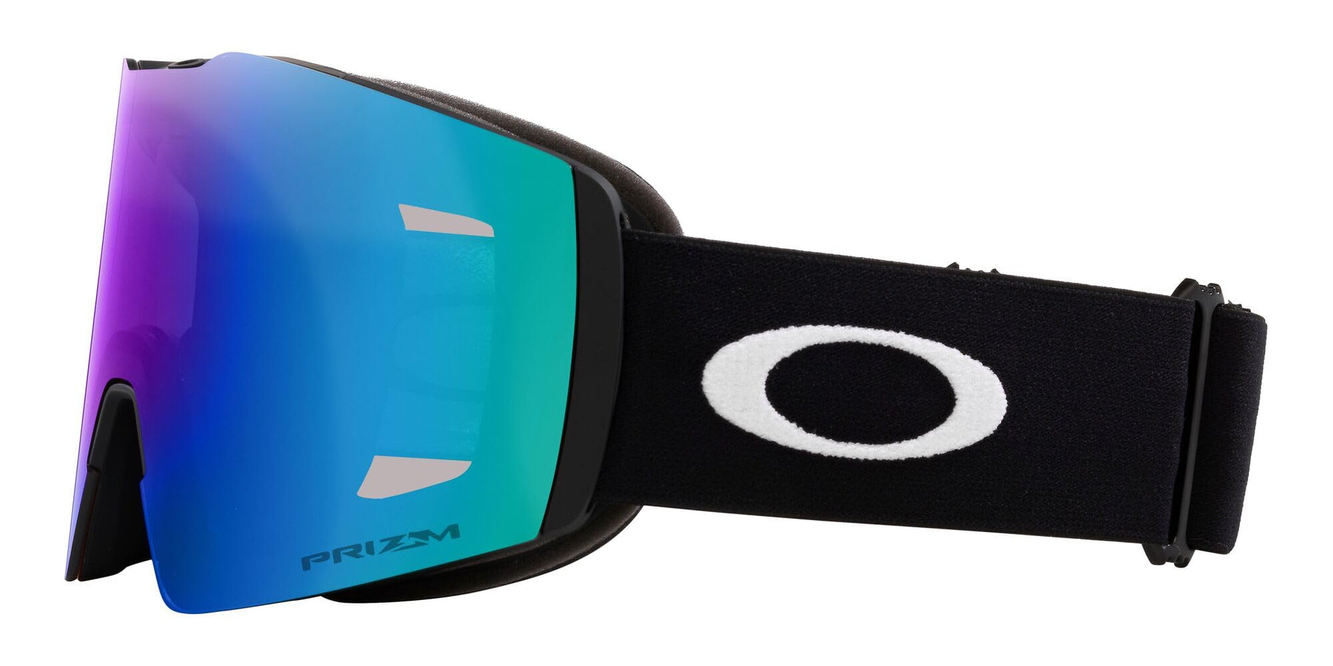 Matte black snow goggles sunglasses with Prizm mirrored teal-and-purple lenses and logo strap