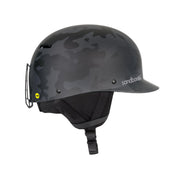 Dark gray camouflage sport snow helmet with chin strap and side ventilation