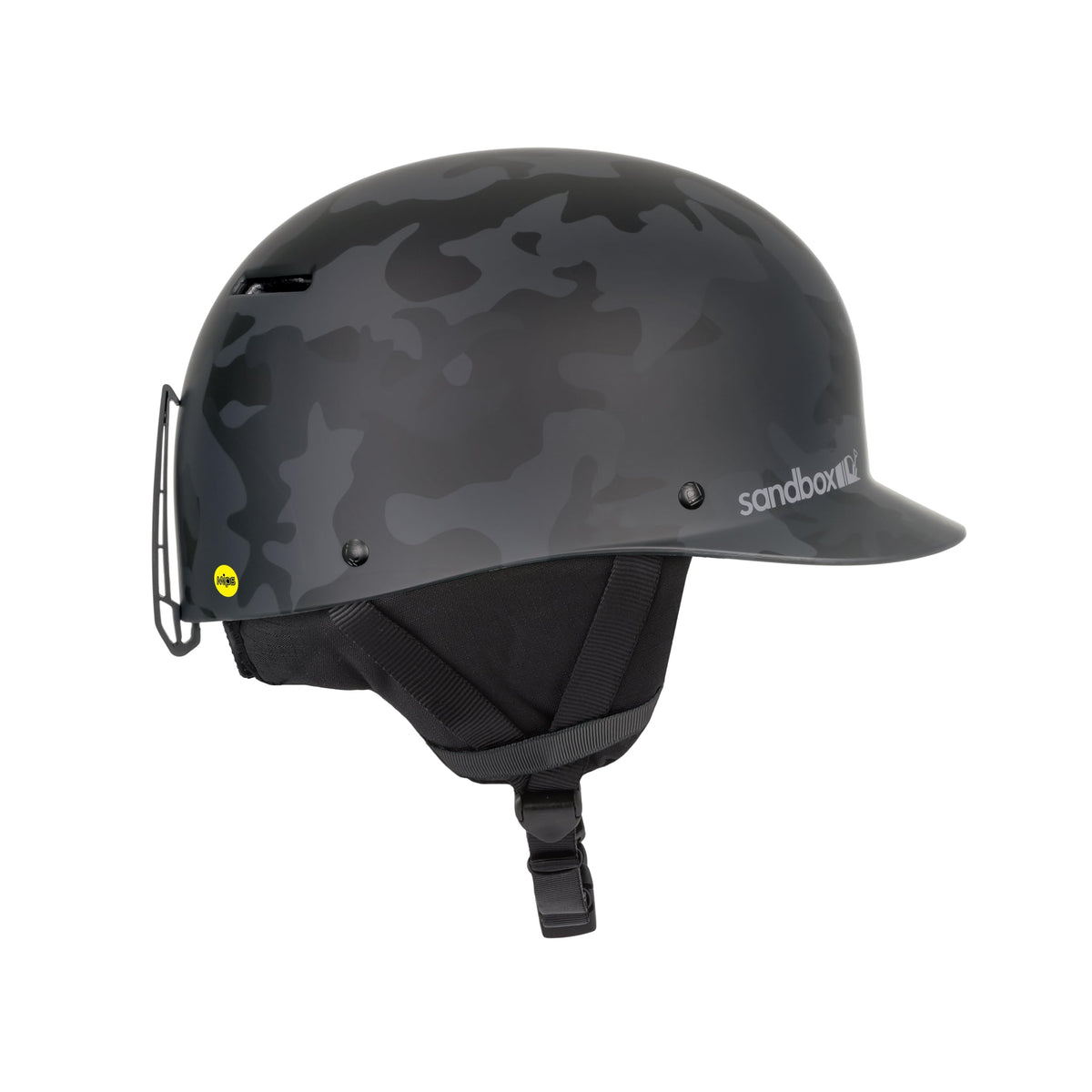 Dark gray camouflage sport snow helmet with chin strap and side ventilation