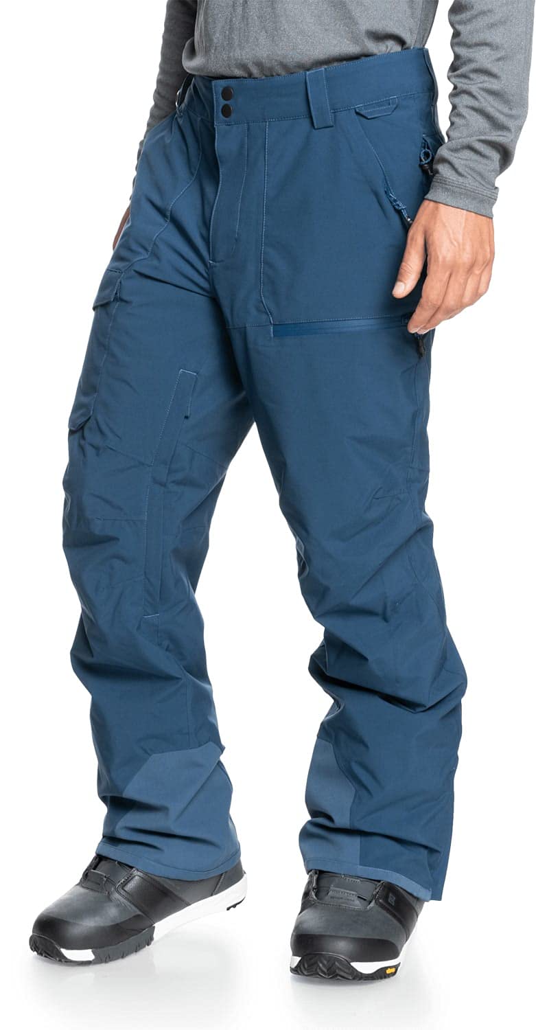 Men's blue snowboard pants side view with cargo flap pockets and cuff straps