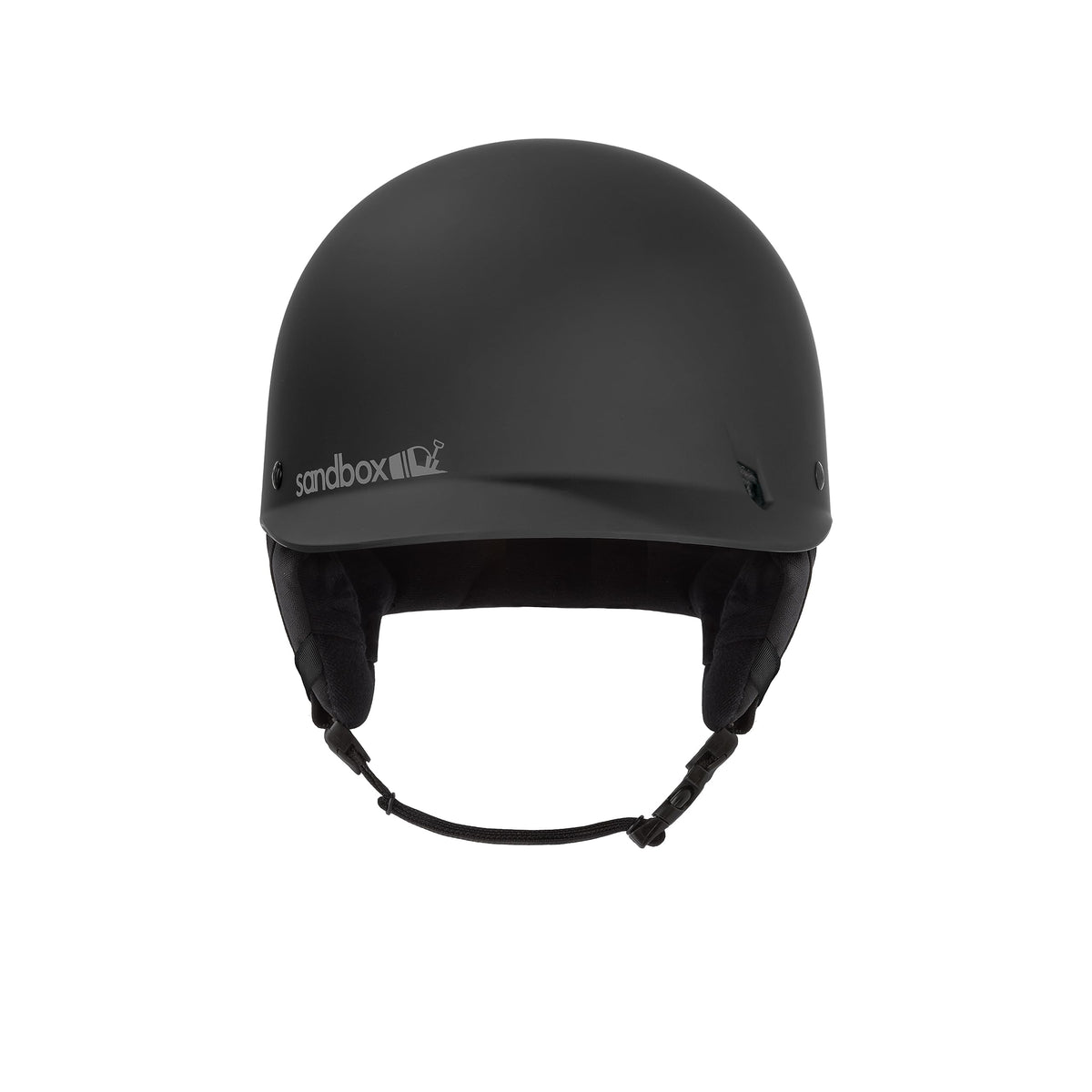 Black snow helmet with ear coverage, no visor, and adjustable chin straps.