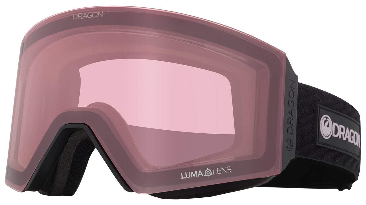 Snow goggles with pink/mauve mirrored lens and black frame, LUMA lens marking