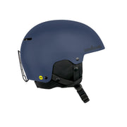 Light blue snow helmet with chin strap and side safety vent, matte finish.